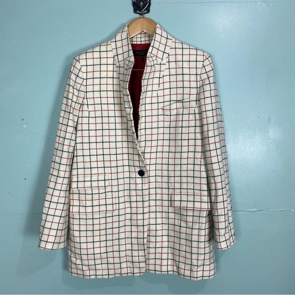 Rag and Bone‎ Nova Oversized Blazer Ivory Check Plaid One Button Sz 10 - Picture 1 of 8
